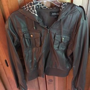 Vegan leather jacket with leopard print jacket